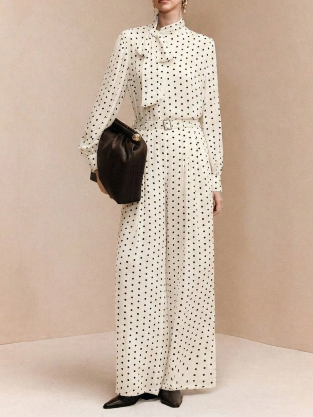 Ivory Polka Dot Tie Neck Blouse & Wide Leg Pants Set
